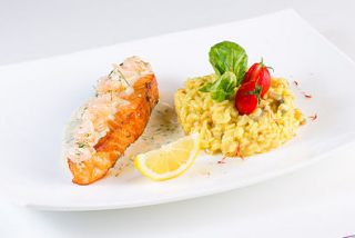 Risotto Milanese with salmon in shrimp sauce