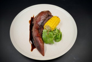 Smoked veal tongue steak with fried corn 